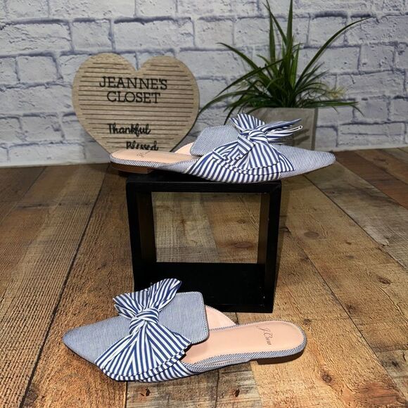 J.Crew Pointed Toe Mixed Stripe Bow Slides Blue White Mules Flats Fabric 7.5 - Picture 2 of 12